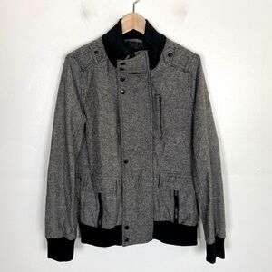Men's Wool Blend Varsity Bomber jacket Size Small Mock Neck Fabric Pockets Gray